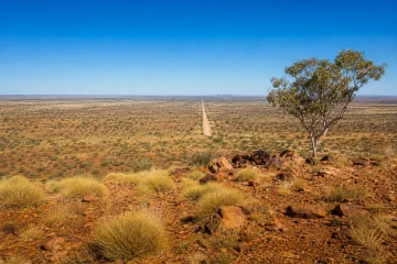 Vidsträckt rödjordsslätt i centrala Australien med en rak grusväg mot horisonten