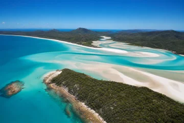 Hill Inlet vid Whitehaven Beach med virvlande vit sand och turkost vatten
